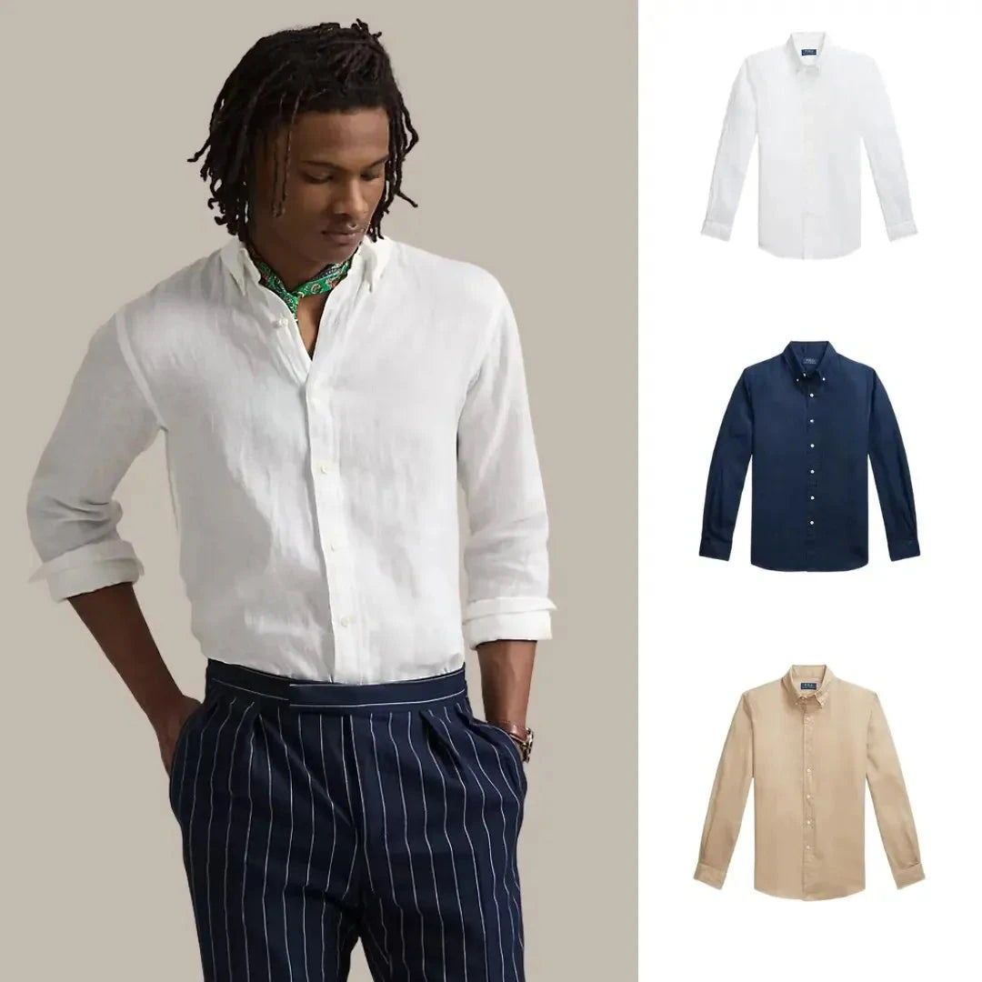 Kaufen Sie 1, erhalten Sie 3 – Klassisches Leinenhemd Zafine Keramikweiß • Marineblau • Küstenbeige S 