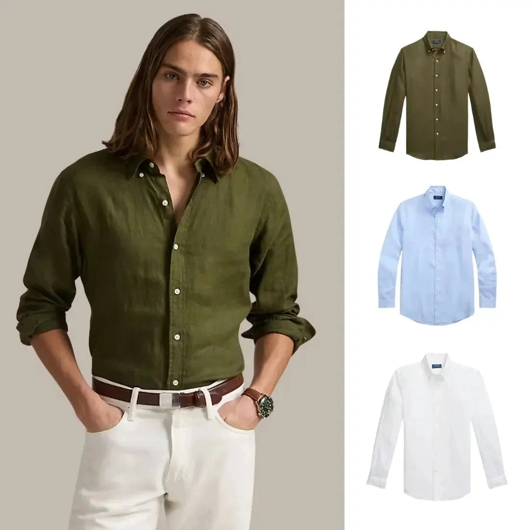 Kaufen Sie 1, erhalten Sie 3 – Klassisches Leinenhemd Zafine Olivgrün • Keramikweiß • Klassisches Blau S 