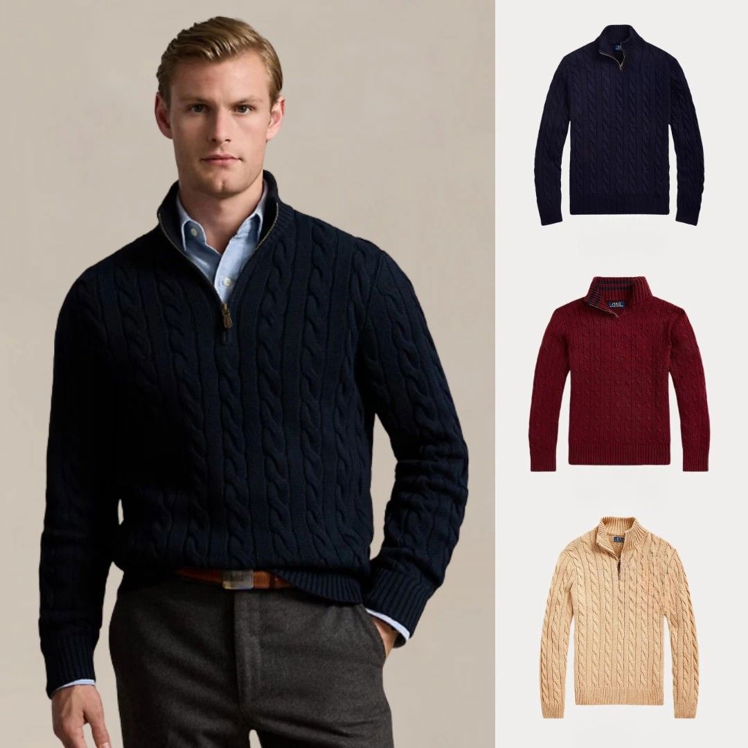 Kaufen Sie 1, erhalten Sie 3 – Winterset Baumwollstrickpullover mit Zopfmuster und Reißverschluss Zafine Marineblau • Burgunderrot • Beige S 