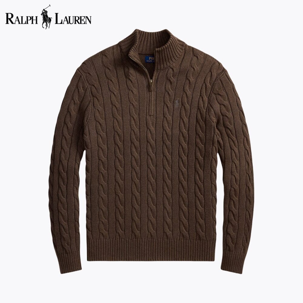 RL Chunky Cable-Knit Cotton Quarter-Zip Sweater Ralph Lauren Aurev Brown S 