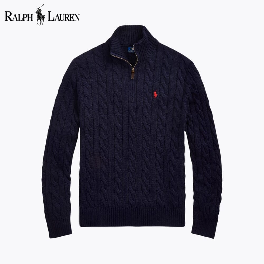 RL Chunky Cable-Knit Cotton Quarter-Zip Sweater Ralph Lauren Luxvian Blue Navy S 